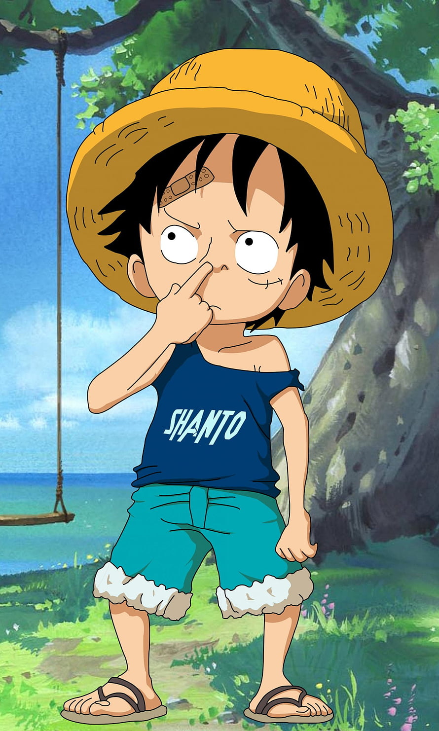 Monkey D. Luffy from One Piece wearing a Shanto shirt and straw hat in a grassy outdoor scene HD phone wallpaper