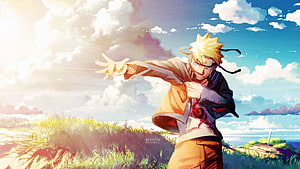 Naruto Uzumaki Throwing Kunai in Sunny Grassland Anime Wallpaper HD wallpaper