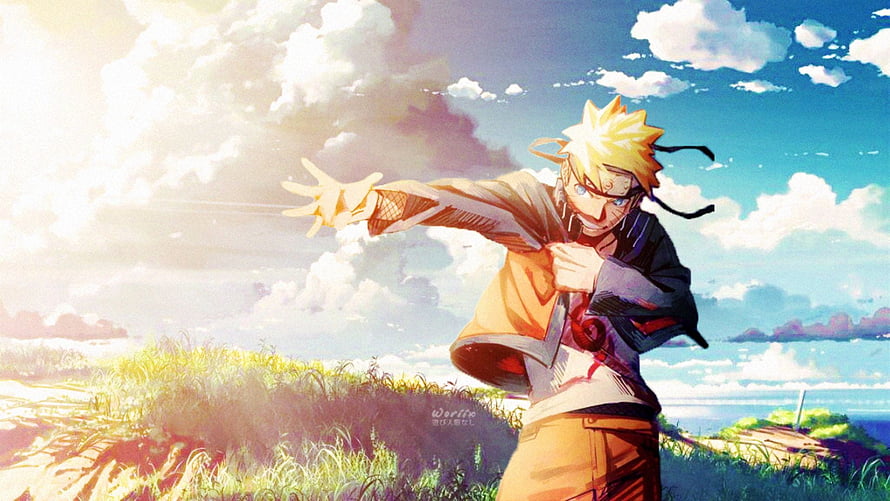 Naruto Uzumaki Throwing Kunai in Sunny Grassland Anime Wallpaper HD wallpaper