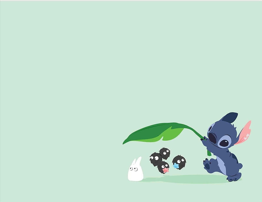 Stitch Holding a Leaf Over Moomin Characters on a Mint Green Background HD wallpaper