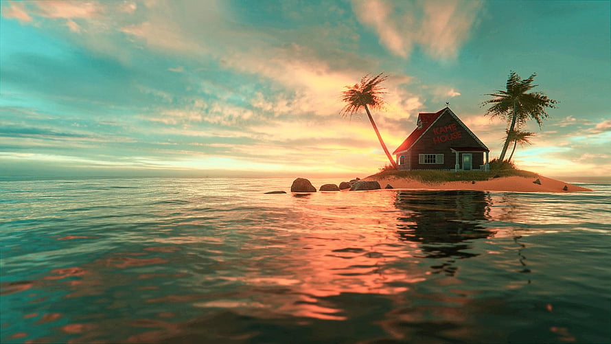 Kame House on a Tropical Island at Sunset with Palm Trees and Ocean View HD wallpaper