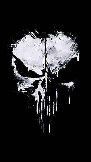 The Punisher Skull Logo in Grungy White Paint Drips on Black Background HD phone wallpaper