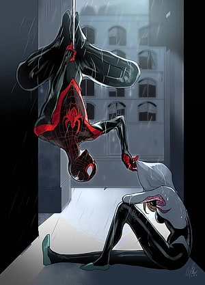 Miles Morales and Gwen Stacy in Rainy City Scene HD phone wallpaper