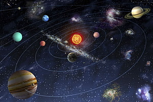 Solar System Planets Orbiting the Sun in Deep Space with Galaxies and Nebulae Background HD wallpaper