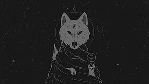 Mystical Wise Wolf with Moon Symbol Wrapped in Scarf Against Starry Night Sky HD wallpaper