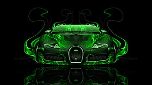 Bugatti Veyron with Green Neon Fire and Smoke on Black Background HD wallpaper