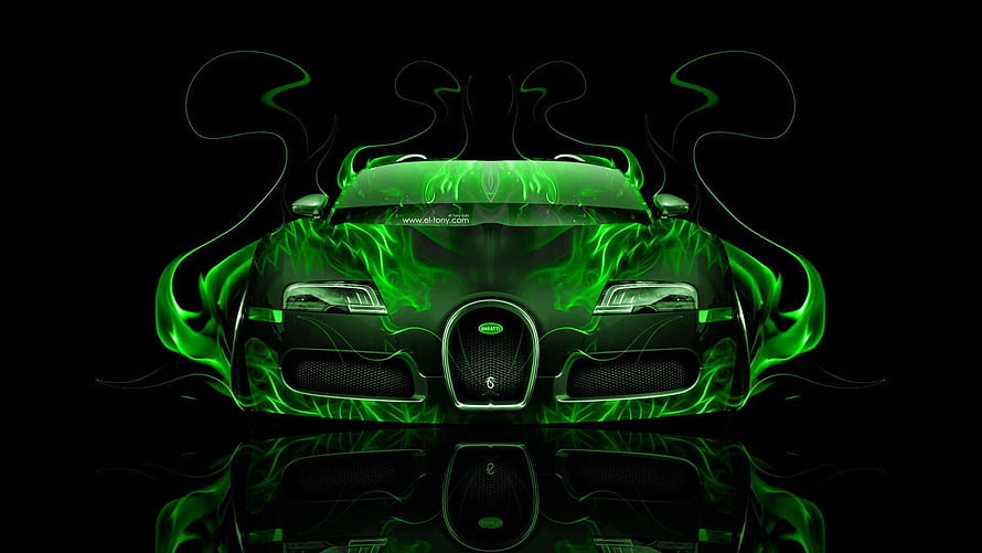 Bugatti Veyron with Green Neon Fire and Smoke on Black Background HD wallpaper