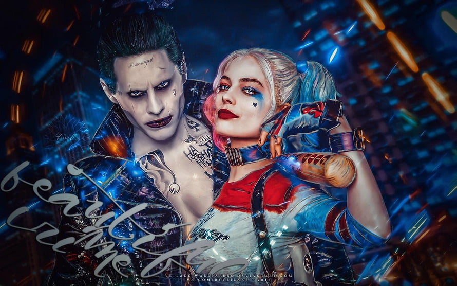 Joker and Harley Quinn digital art with neon city lights and dark gothic aesthetic HD wallpaper