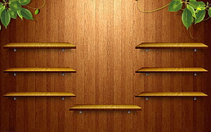 Empty Wooden Wall Shelves Against a Warm Wood Panel Background with Green Leafy Vines HD wallpaper