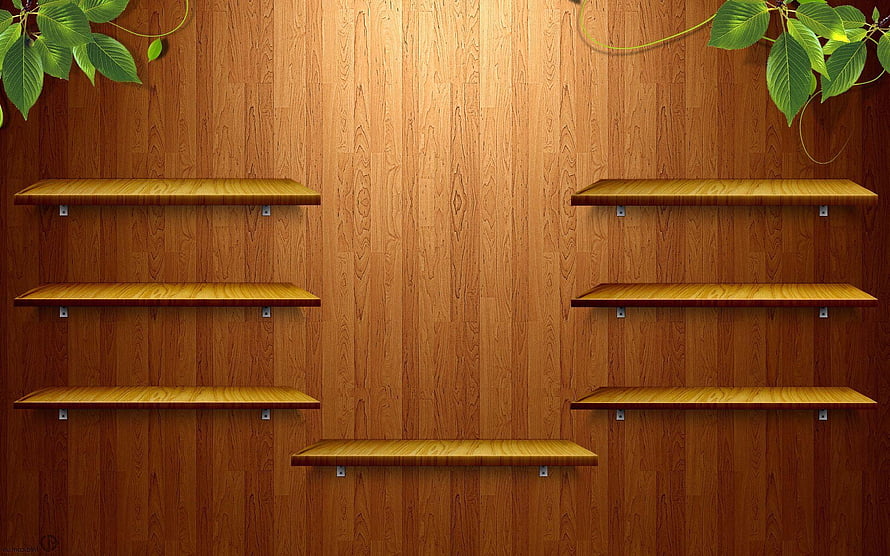 Empty Wooden Wall Shelves Against a Warm Wood Panel Background with Green Leafy Vines HD wallpaper