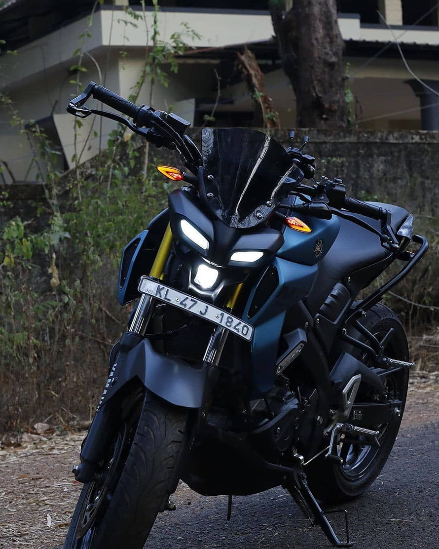 Matte Blue Yamaha MT-15 Motorcycle with Custom Windshield and LED Headlights HD phone wallpaper