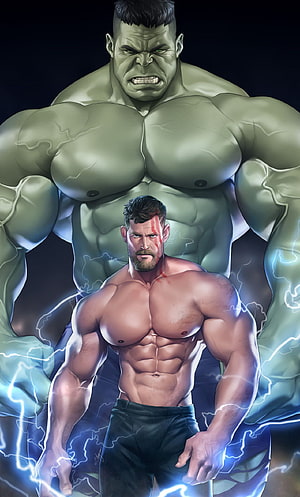 Hulk and Thor Dual Character Digital Art with Electric Energy Effects HD phone wallpaper