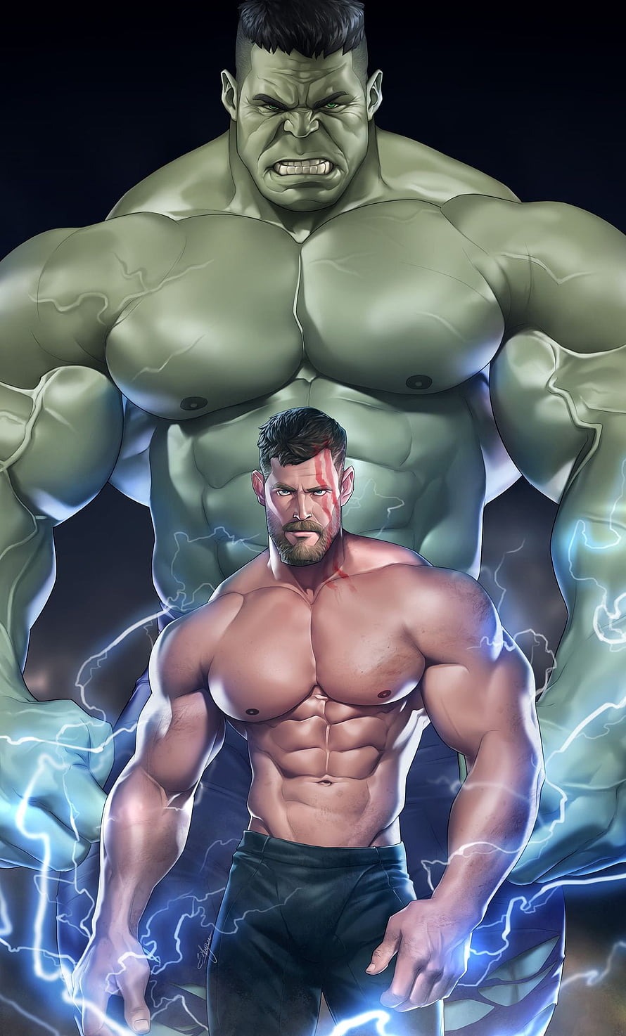 Hulk and Thor Dual Character Digital Art with Electric Energy Effects HD phone wallpaper