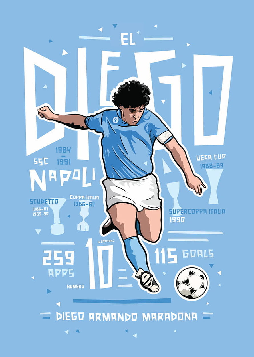 Diego Maradona Napoli Tribute Poster with Career Stats and Trophy Illustrations HD phone wallpaper