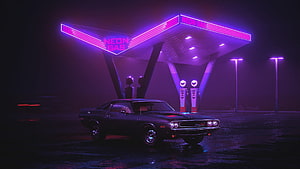 Black Dodge Challenger Parked at Neon Gas Station Under Purple Night Sky HD wallpaper