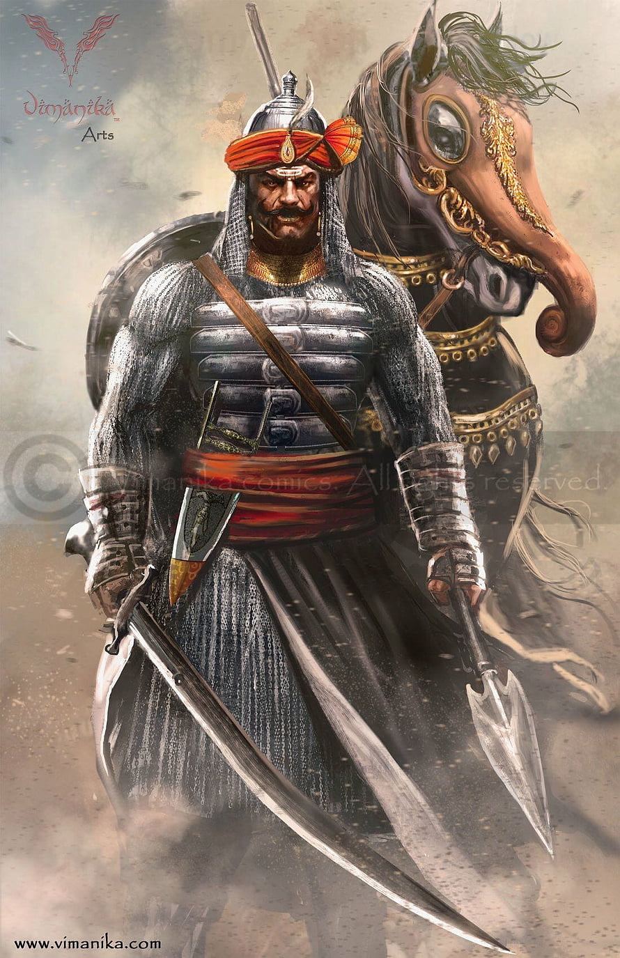 Maharana Pratap on Horseback: Mughal Warrior in Full Armor with Sword and Lance HD phone wallpaper