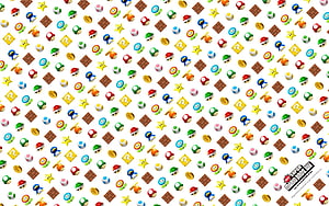 Super Mario Bros Wii Icon Pattern Wallpaper Featuring Mushrooms Coins Blocks and Power Ups HD wallpaper