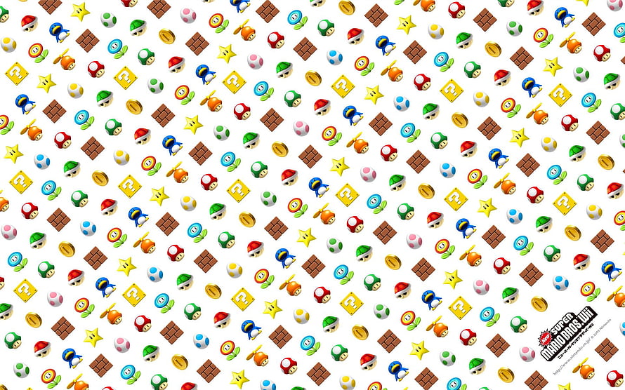 Super Mario Bros Wii Icon Pattern Wallpaper Featuring Mushrooms Coins Blocks and Power Ups HD wallpaper