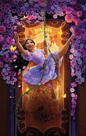 Isabela from Encanto in a Lavender Dress Hanging from a Vine Amidst a Vibrant Floral Archway HD phone wallpaper