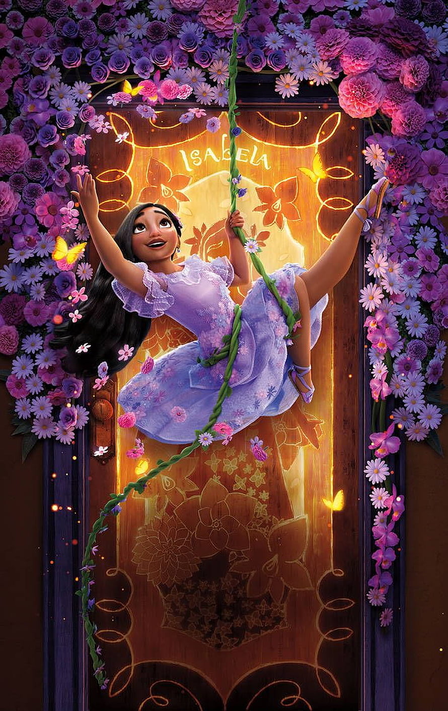 Isabela from Encanto in a Lavender Dress Hanging from a Vine Amidst a Vibrant Floral Archway HD phone wallpaper