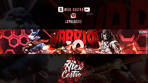 Warrior Gaming Banner Featuring Blue Rabbit and Skeleton Soldier with Red Hexagon Background HD wallpaper