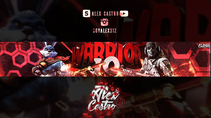 Warrior Gaming Banner Featuring Blue Rabbit and Skeleton Soldier with Red Hexagon Background HD wallpaper