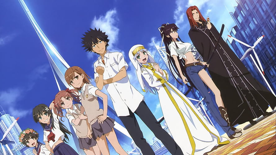 A Certain Scientific Railgun anime cast group portrait against a futuristic city skyline HD wallpaper