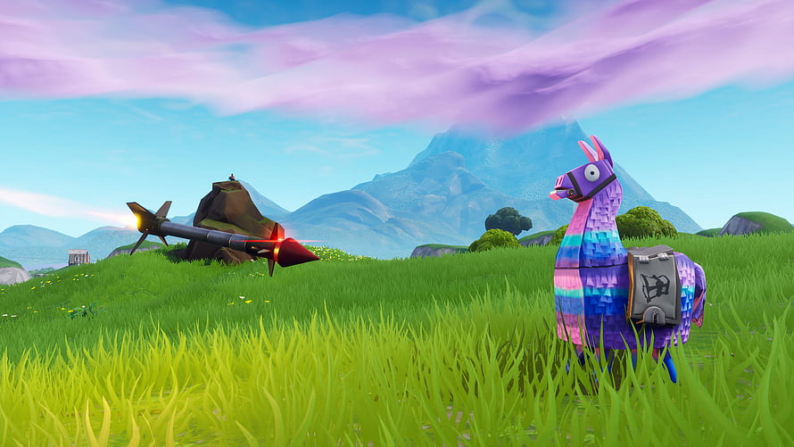 Fortnite Piñata Llama and Rocket Launcher in Vibrant Grassland Landscape HD wallpaper