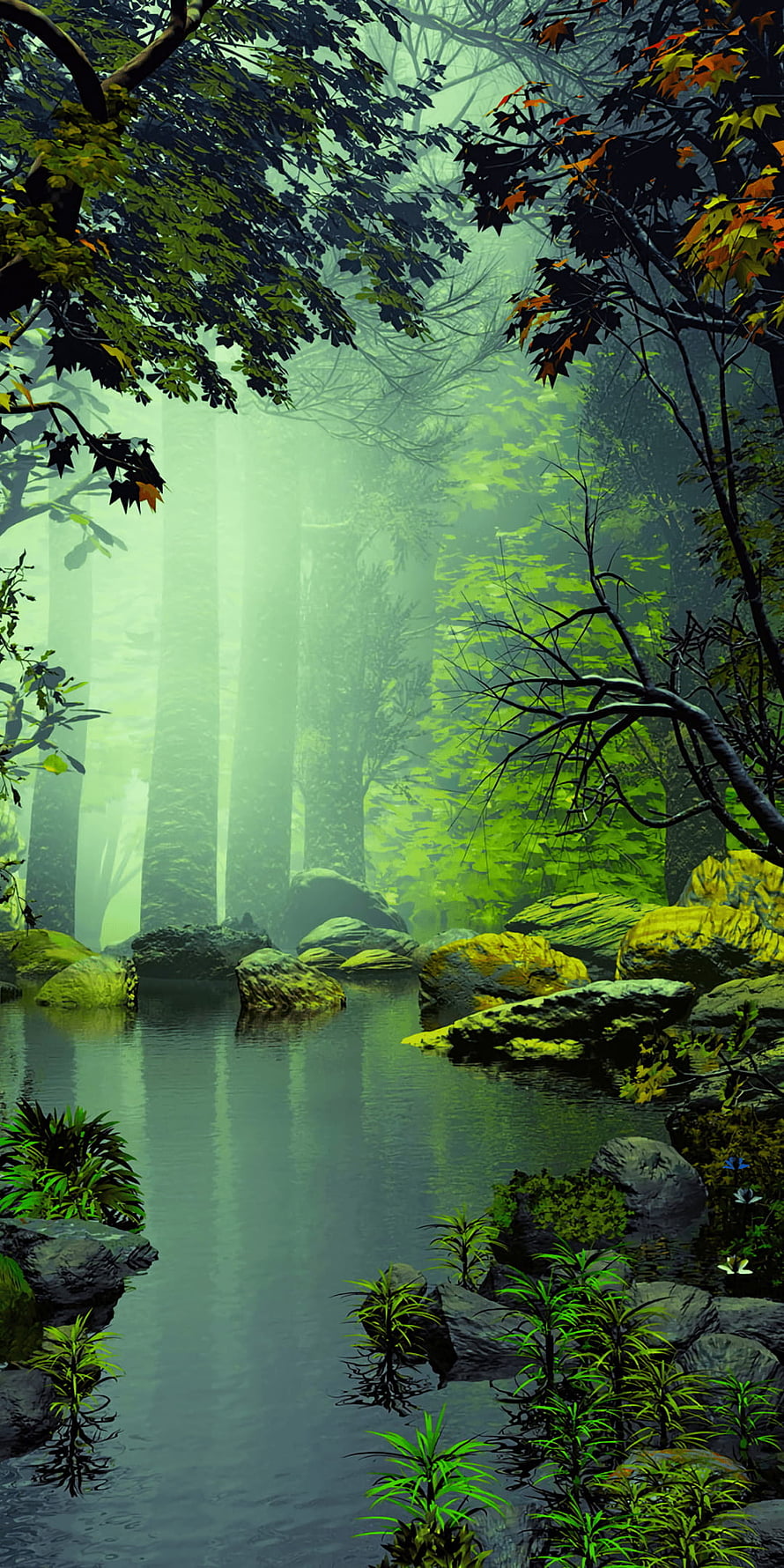 Mystical Green Forest Stream with Mossy Rocks and Misty Atmosphere HD phone wallpaper