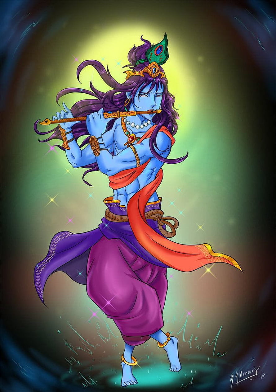 Blue Skinned Hindu God Krishna Playing Flute With Peacock Feather Crown HD phone wallpaper