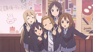 Five cheerful schoolgirls in dark blazers posing with peace signs in a cozy Japanese classroom HD wallpaper