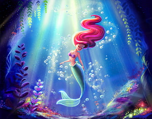Ariel from The Little Mermaid Swimming in a Sunlit Underwater Grotto HD wallpaper