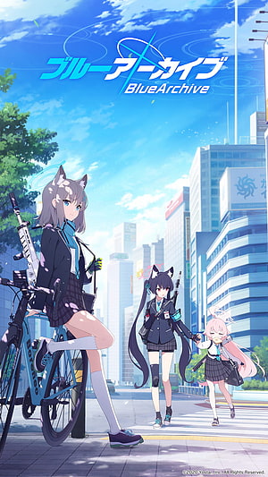 Blue Archive anime characters in school uniforms walking through a sunny city street with bicycles HD phone wallpaper