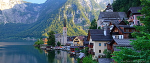 Hallstatt Austria Lakeside Village with Church and Alpine Mountains HD wallpaper