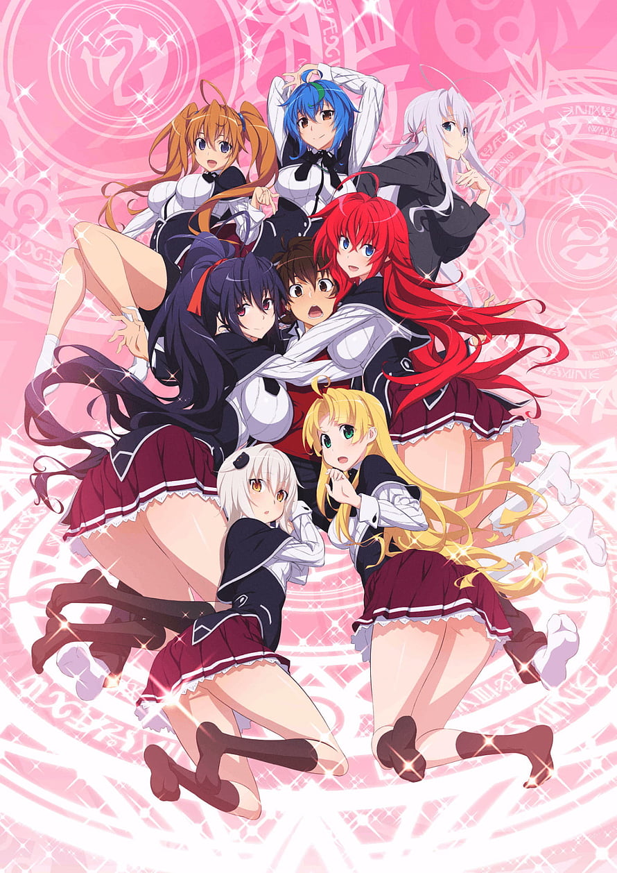 High School DxD Hero Girls Ensemble in Magical Girl Outfits on Pink Background HD phone wallpaper