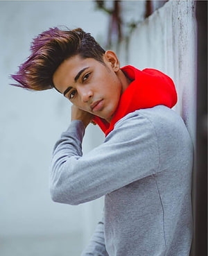 Danish Zehen in a grey hoodie with a red hood and styled purple hair leaning against a white wall HD phone wallpaper