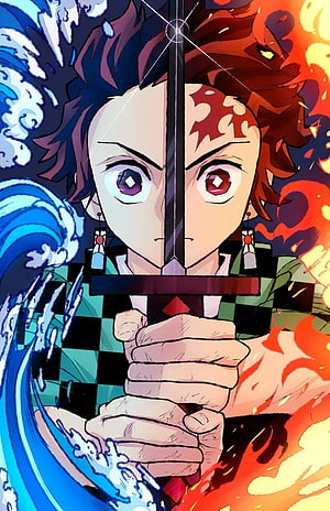 Tanjiro Kamado Dual Element Artwork with Water and Fire Breathing Effects HD phone wallpaper