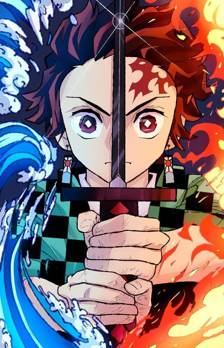 Tanjiro Kamado Dual Element Artwork with Water and Fire Breathing Effects HD phone wallpaper