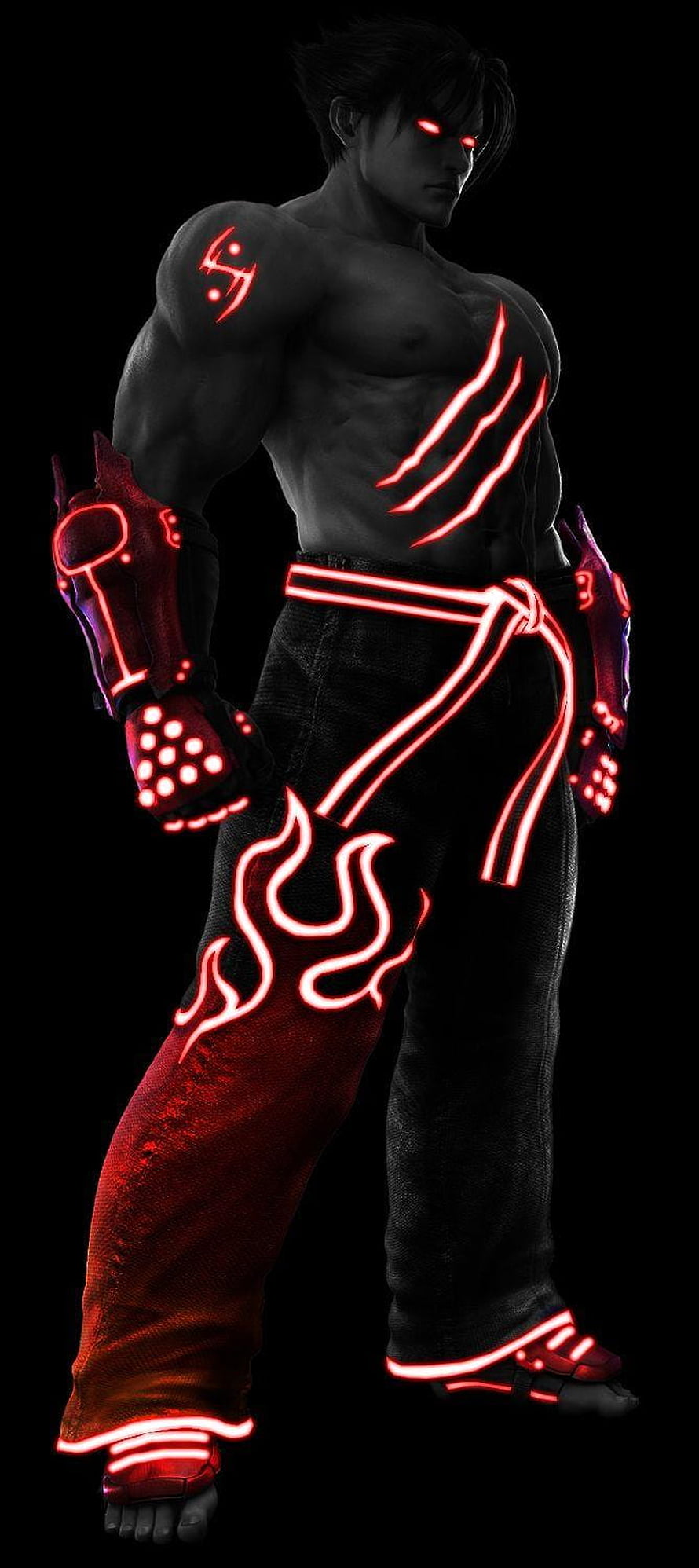 Jin Kazama Dark Render with Glowing Red Neon Markings and Cybernetic Armor HD phone wallpaper