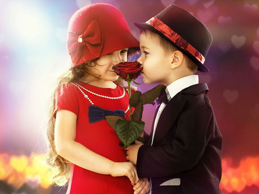 Cute Children in Formal Attire Sharing a Romantic Moment with a Red Rose, Valentines Day cute baby pic boy and girl love : 13, #boy and girl love HD wallpaper