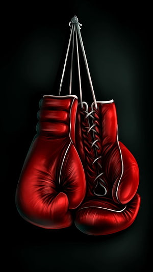 Red Boxing Gloves Hanging on a Hook Against a Dark Background HD phone wallpaper