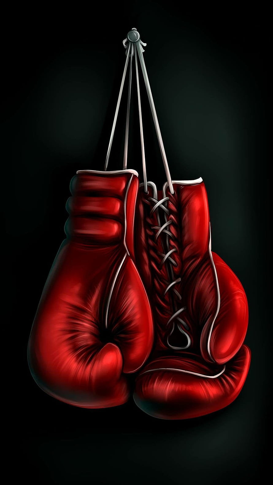 Red Boxing Gloves Hanging on a Hook Against a Dark Background HD phone wallpaper