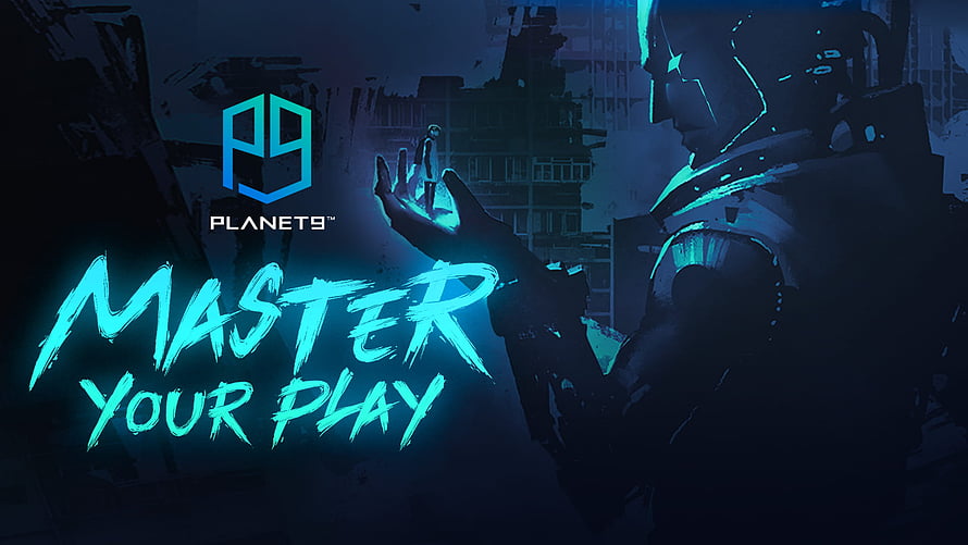 Planet9 Gaming Logo with Cyberpunk Character and Neon Blue Cityscape Background HD wallpaper