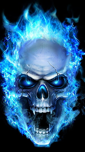 Glowing Blue Flame Skull with Fiery Aura and Dark Background HD phone wallpaper