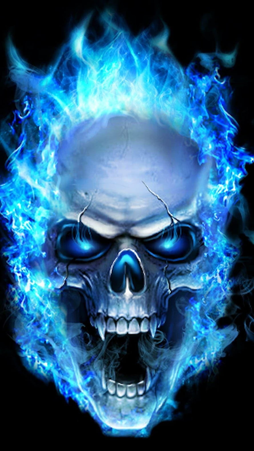 Glowing Blue Flame Skull with Fiery Aura and Dark Background HD phone wallpaper