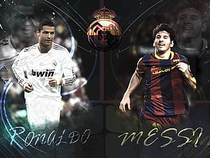 Cristiano Ronaldo and Lionel Messi Rivalry Wallpaper Featuring Real Madrid and Barcelona Kits HD wallpaper