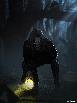 Bray Wyatt The Fiend Crouching Over Glowing Skull in Dark Forest HD phone wallpaper