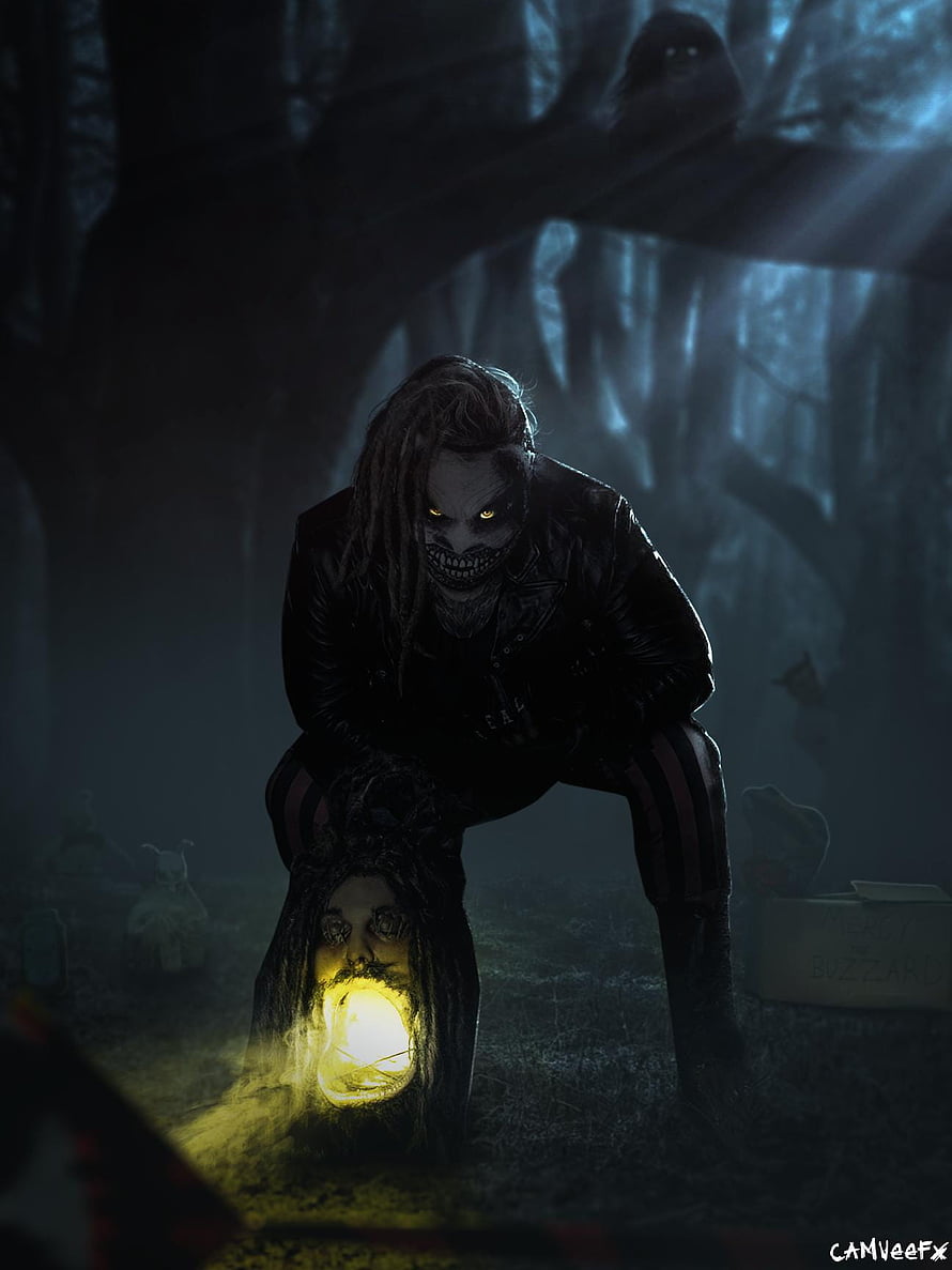 Bray Wyatt The Fiend Crouching Over Glowing Skull in Dark Forest HD phone wallpaper