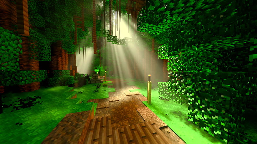 Minecraft Jungle Biome With Sunbeams And Wooden Path HD wallpaper
