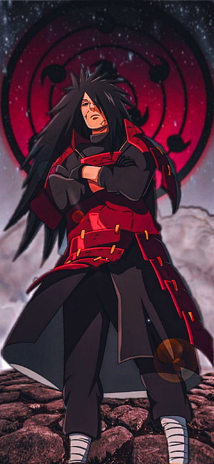 Uchiha Madara Anime Character Standing With Rinnegan Symbol Background HD phone wallpaper